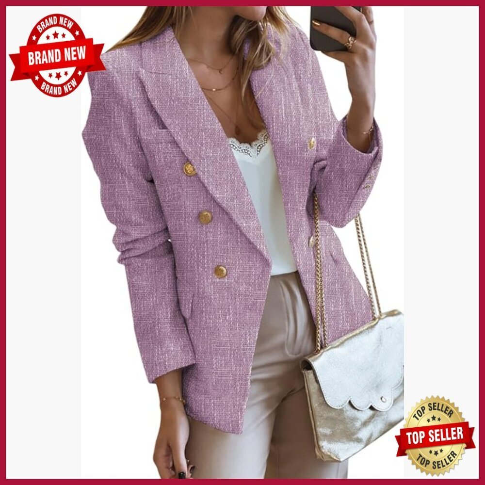 Tweed Blazer Double Breasted Open Front Long Sleeve Slim Fit Business Casual